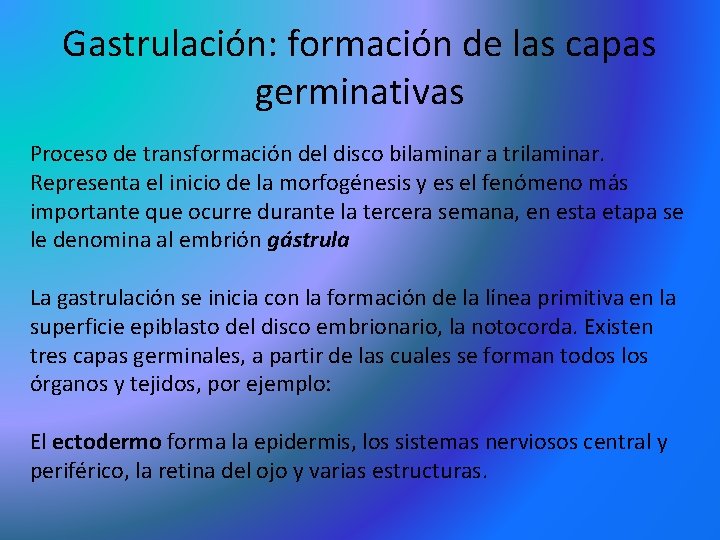 Gastrulación: formación de las capas germinativas Proceso de transformación del disco bilaminar a trilaminar. Gastrulación: formación de las capas germinativas Proceso de transformación del disco bilaminar a trilaminar.