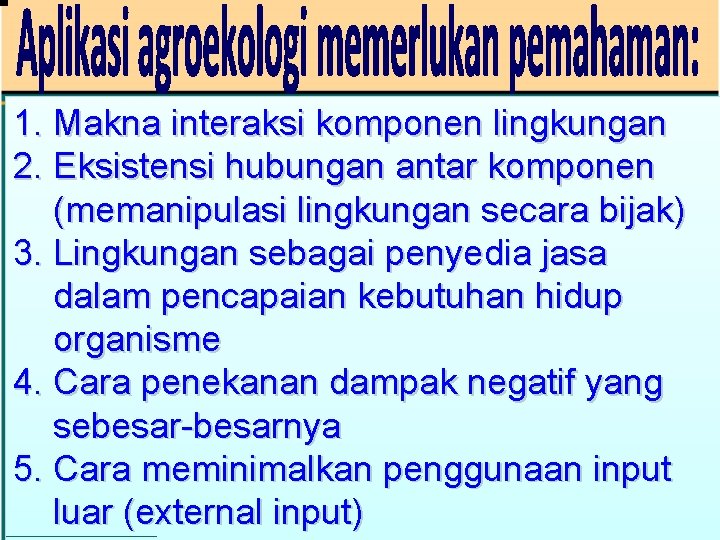 1. Makna interaksi komponen lingkungan 2. Eksistensi hubungan antar komponen (memanipulasi lingkungan secara bijak)