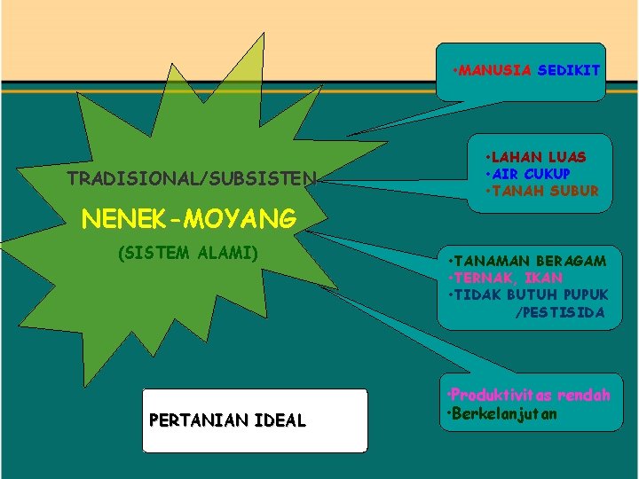  • MANUSIA SEDIKIT TRADISIONAL/SUBSISTEN NENEK-MOYANG (SISTEM ALAMI) PERTANIAN IDEAL • LAHAN LUAS •