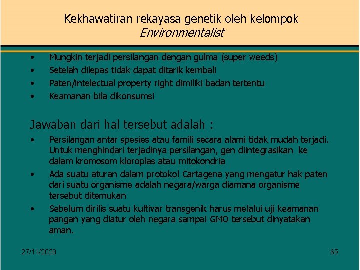 Kekhawatiran rekayasa genetik oleh kelompok Environmentalist • • Mungkin terjadi persilangan dengan gulma (super