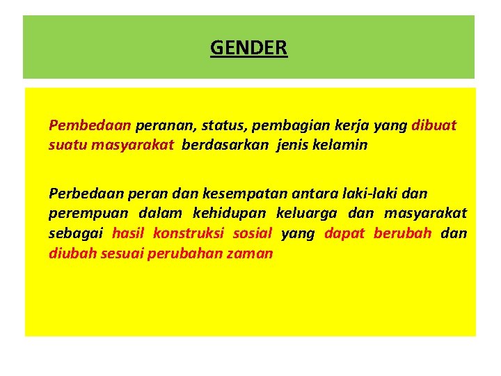 GENDER Pembedaan peranan, status, pembagian kerja yang dibuat suatu masyarakat berdasarkan jenis kelamin Perbedaan