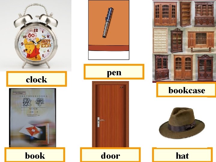 clock pen bookcase book door hat 