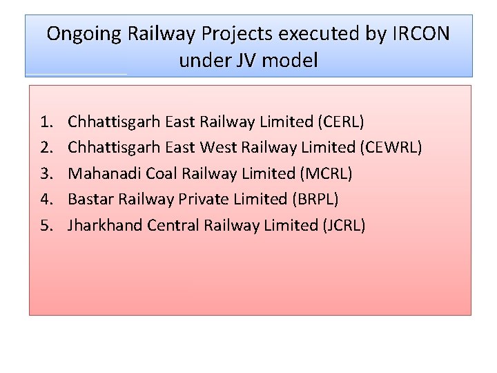 Ongoing Railway Projects executed by IRCON under JV model 1. 2. 3. 4. 5.