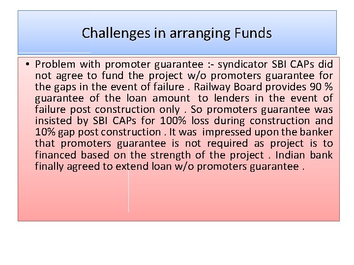 Challenges in arranging Funds • Problem with promoter guarantee : - syndicator SBI CAPs Challenges in arranging Funds • Problem with promoter guarantee : - syndicator SBI CAPs