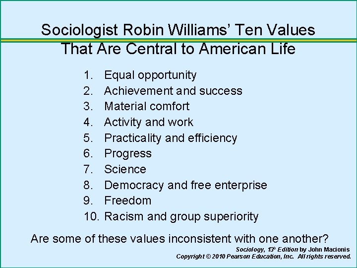Sociologist Robin Williams’ Ten Values That Are Central to American Life 1. 2. 3.