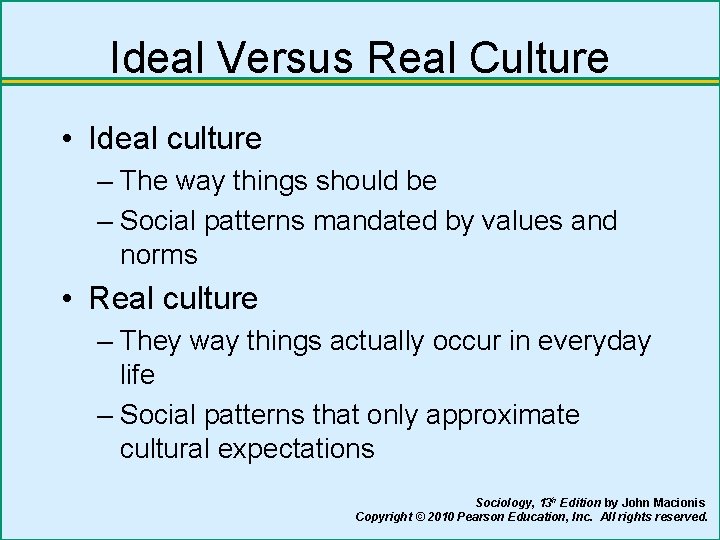 Ideal Versus Real Culture • Ideal culture – The way things should be –