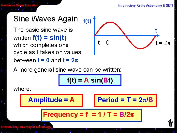 Sine Waves Again The basic sine wave is written f(t) = sin(t), which completes