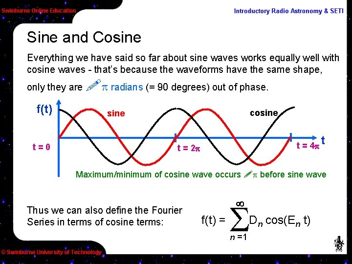 Sine and Cosine Everything we have said so far about sine waves works equally