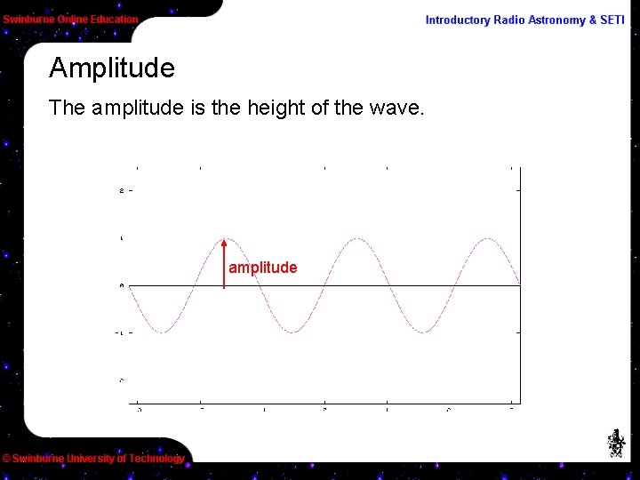 Amplitude The amplitude is the height of the wave. amplitude 