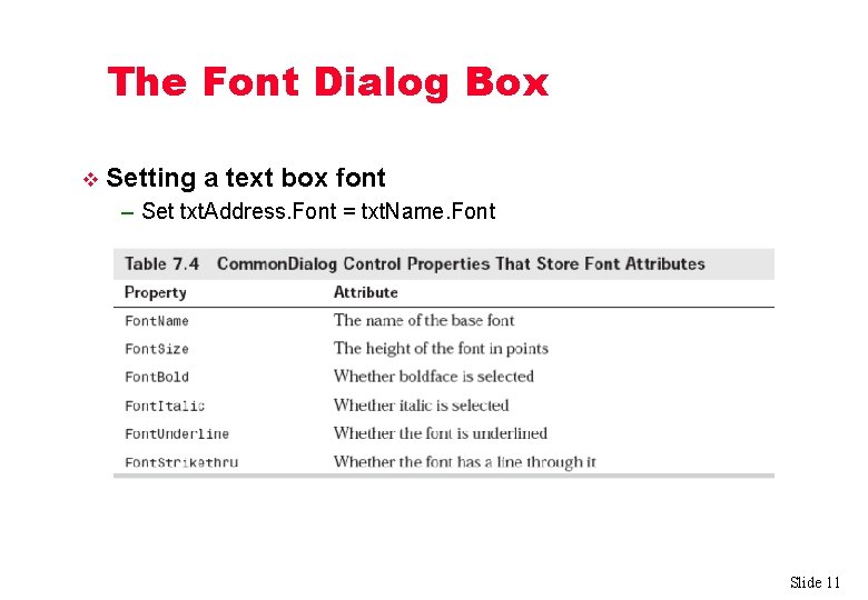 The Font Dialog Box v Setting a text box font – Set txt. Address.