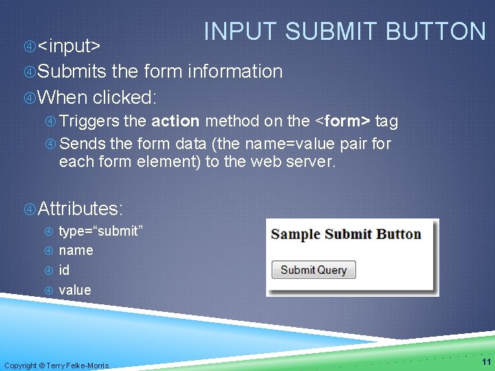  <input> INPUT SUBMIT BUTTON Submits the form information When clicked: Triggers the action