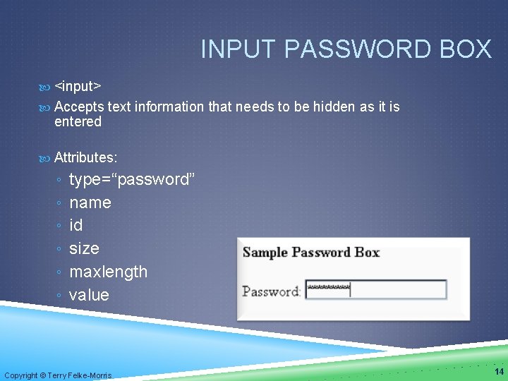 INPUT PASSWORD BOX <input> Accepts text information that needs to be hidden as it
