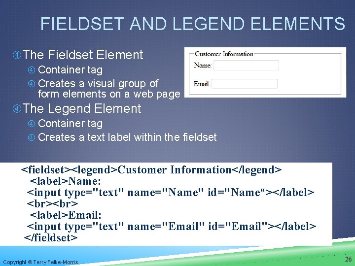 FIELDSET AND LEGEND ELEMENTS The Fieldset Element Container tag Creates a visual group of