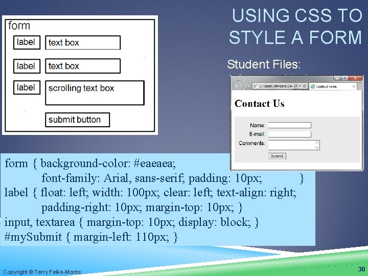 USING CSS TO STYLE A FORM Student Files: formcss. html form { background-color: #eaeaea;