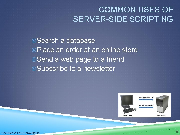 COMMON USES OF SERVER-SIDE SCRIPTING Search a database Place an order at an online
