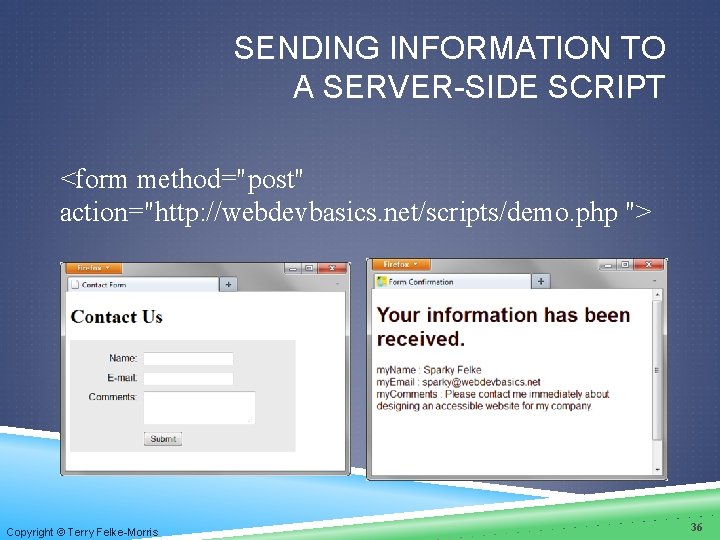 SENDING INFORMATION TO A SERVER-SIDE SCRIPT <form method="post" action="http: //webdevbasics. net/scripts/demo. php "> Copyright