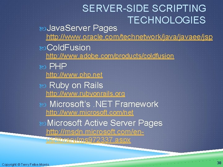 SERVER-SIDE SCRIPTING TECHNOLOGIES Java. Server Pages http: //www. oracle. com/technetwork/javaee/jsp Cold. Fusion http: //www.