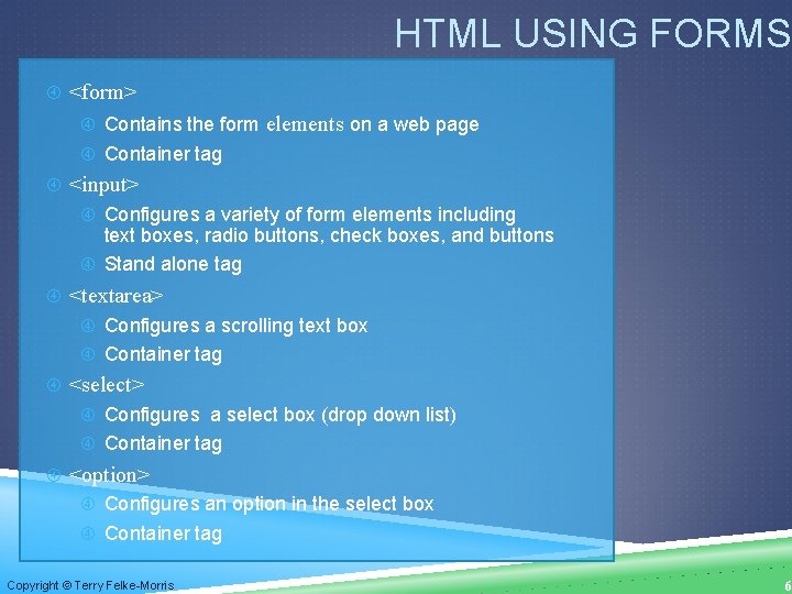 HTML USING FORMS <form> Contains the form elements on a web page Container tag