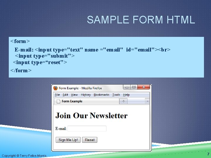 SAMPLE FORM HTML <form> E-mail: <input type="text" name ="email" id="email"> <input type="submit"> <input type=“reset">