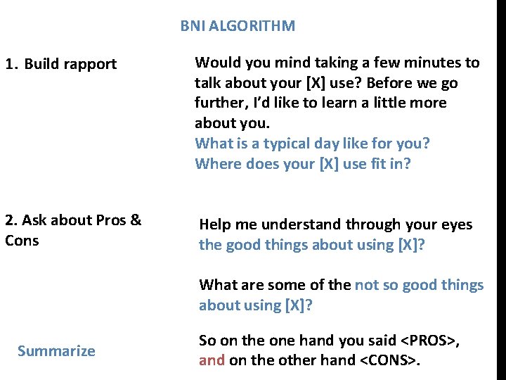 BNI ALGORITHM 1. Build rapport Would you mind taking a few minutes to talk