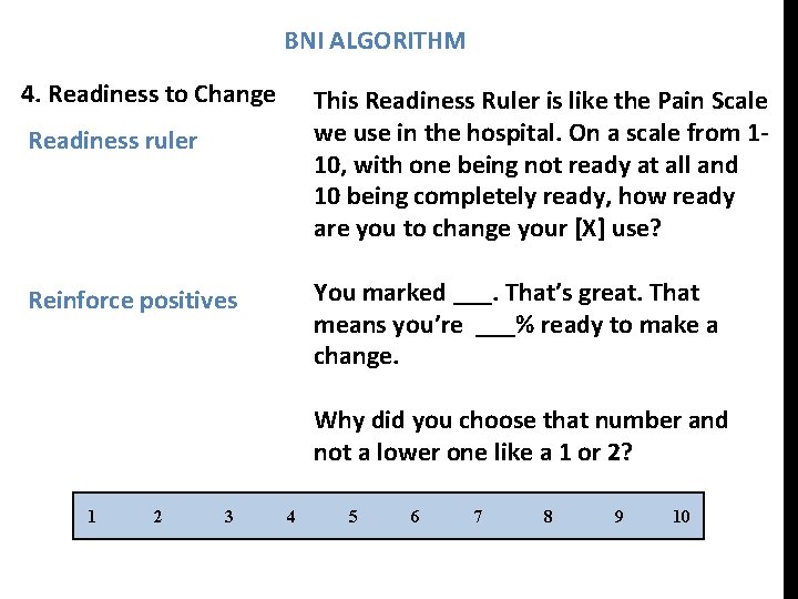 BNI ALGORITHM 4. Readiness to Change This Readiness Ruler is like the Pain Scale