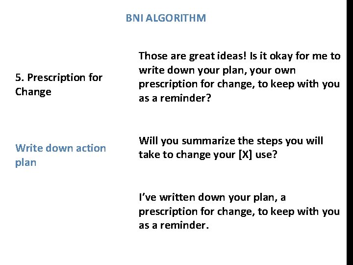 BNI ALGORITHM 5. Prescription for Change Write down action plan Those are great ideas!