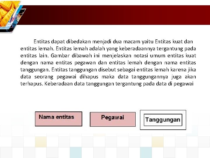 Entitas dapat dibedakan menjadi dua macam yaitu Entitas kuat dan entitas lemah. Entitas lemah