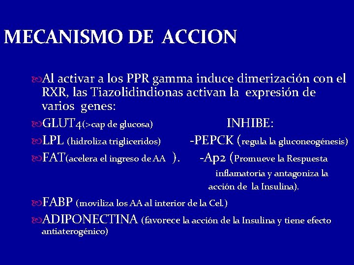 MECANISMO DE ACCION Al activar a los PPR gamma induce dimerización con el RXR,