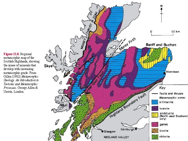 Figure 21. 8. Regional metamorphic map of the Scottish Highlands, showing the zones of