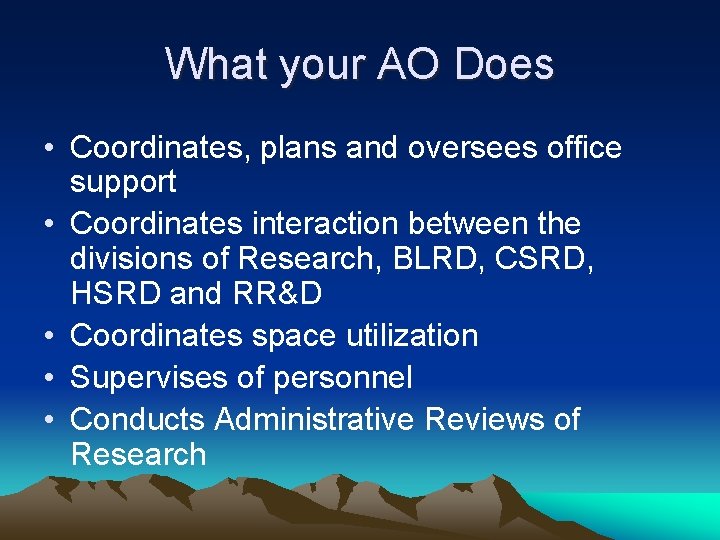 What your AO Does • Coordinates, plans and oversees office support • Coordinates interaction What your AO Does • Coordinates, plans and oversees office support • Coordinates interaction