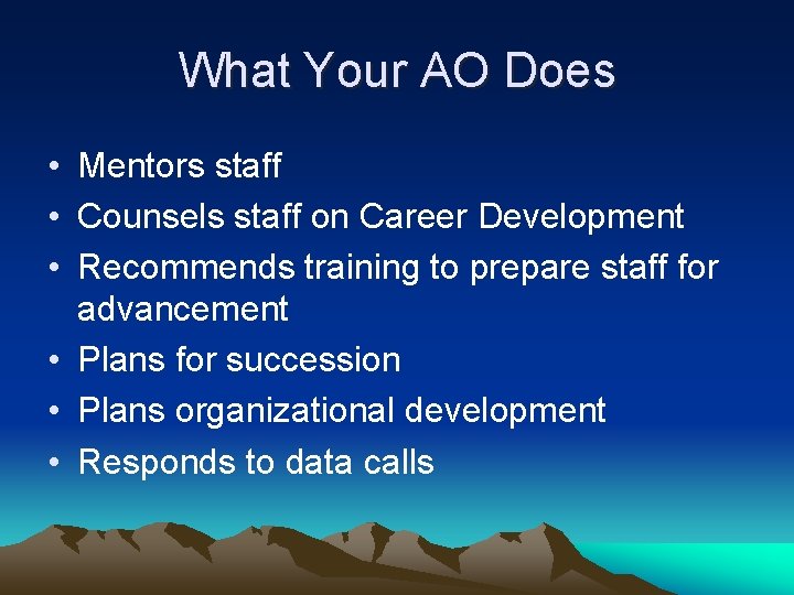 What Your AO Does • Mentors staff • Counsels staff on Career Development • What Your AO Does • Mentors staff • Counsels staff on Career Development •