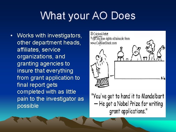 What your AO Does • Works with investigators, other department heads, affiliates, service organizations, What your AO Does • Works with investigators, other department heads, affiliates, service organizations,