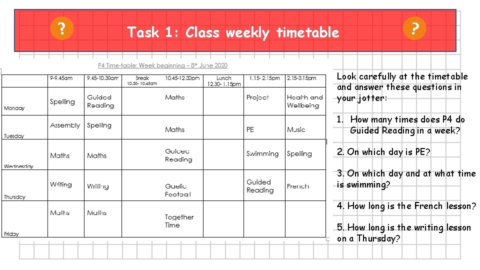 ? Task 1: Class weekly timetable ? Look carefully at the timetable and answer