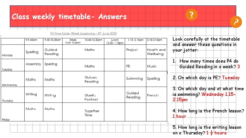 Class weekly timetable- Answers ? ? Look carefully at the timetable and answer these