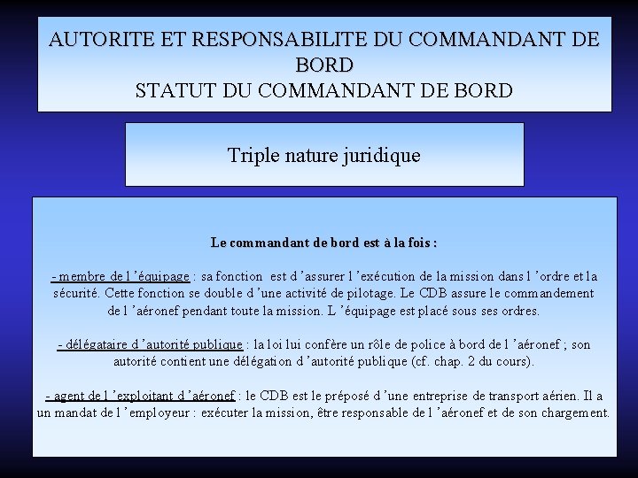 AUTORITE ET RESPONSABILITE DU COMMANDANT DE BORD STATUT DU COMMANDANT DE BORD Triple nature
