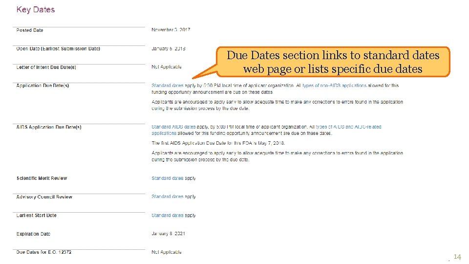 FOA Key Dates Due Dates section links to standard dates web page or lists