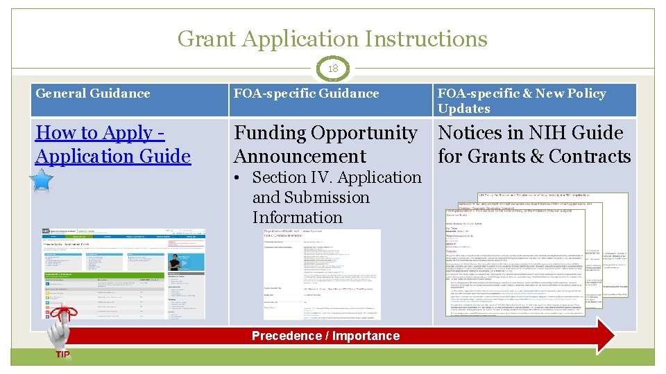 Grant Application Instructions 18 General Guidance FOA-specific & New Policy Updates How to Apply