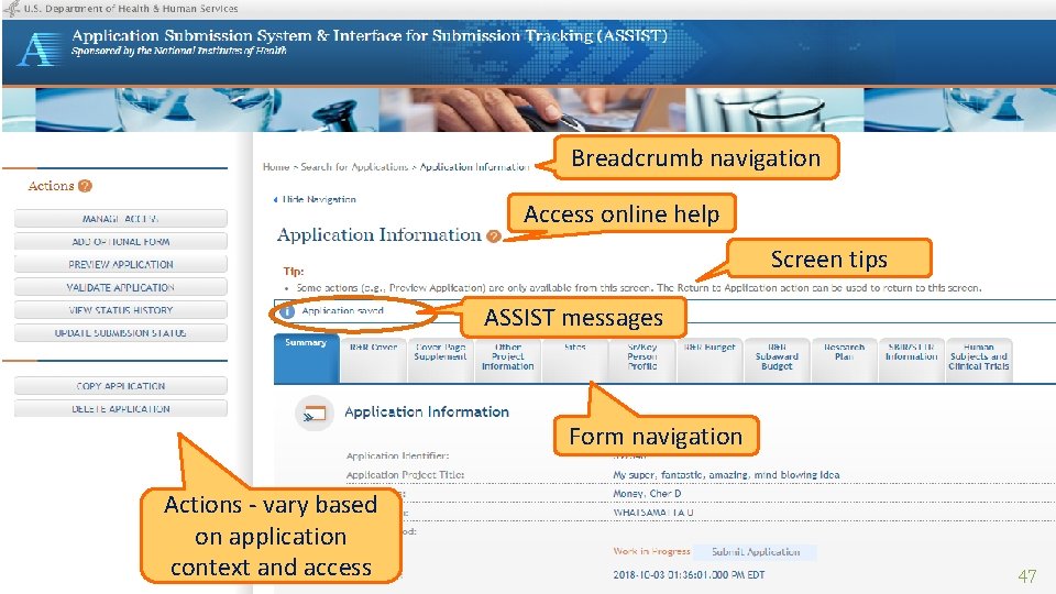 Screen Layout Breadcrumb navigation Access online help Screen tips ASSIST messages Form navigation Actions