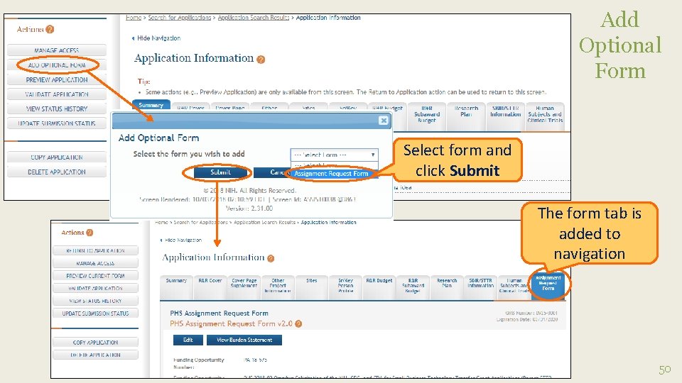 Add Optional Form Select form and click Submit The form tab is added to