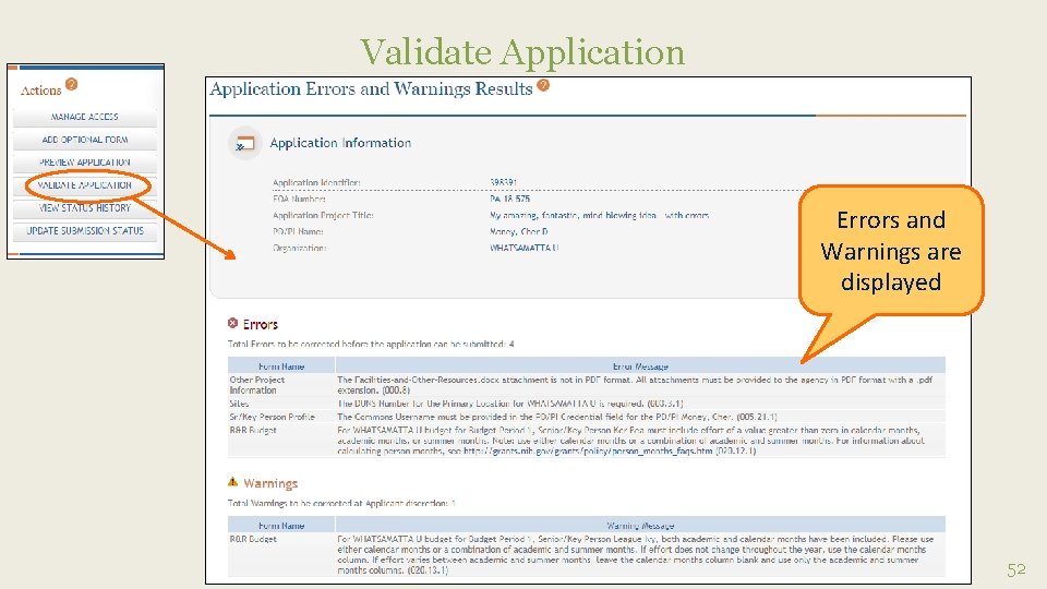 Validate Application Errors and Warnings are displayed 52 