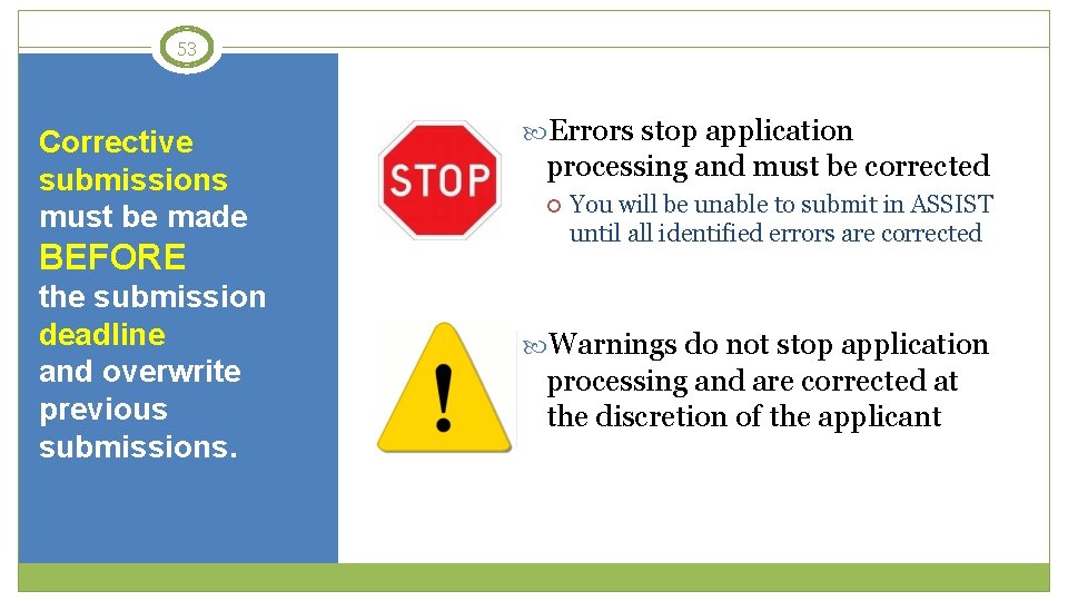 53 Corrective submissions must be made BEFORE the submission deadline and overwrite previous submissions.