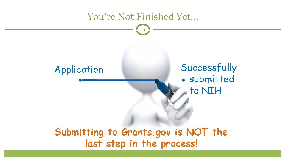 You’re Not Finished Yet… 61 Application Successfully submitted to NIH Submitting to Grants. gov