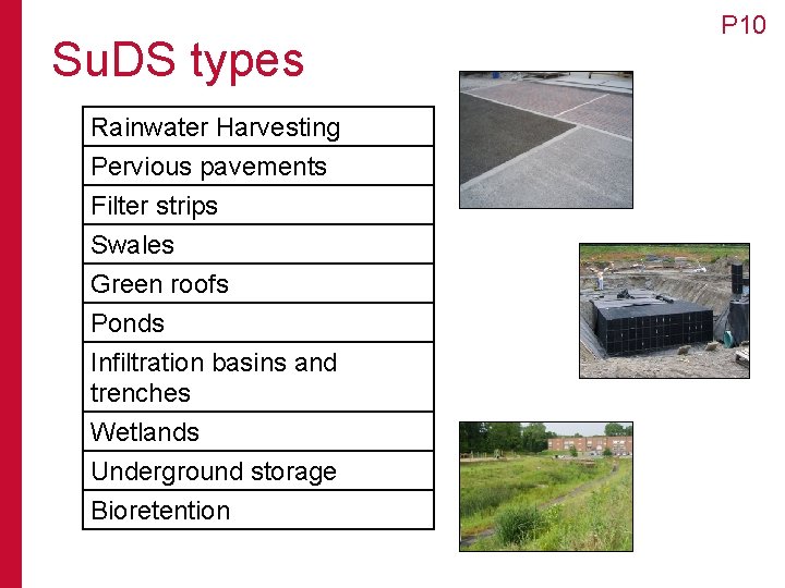 Su. DS types Rainwater Harvesting Pervious pavements Filter strips Swales Green roofs Ponds Infiltration