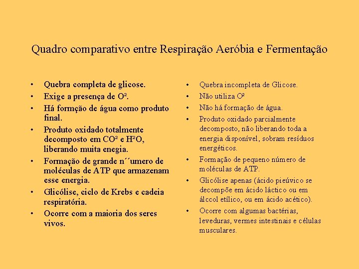 Quadro comparativo entre Respiração Aeróbia e Fermentação • • Quebra completa de glicose. Exige