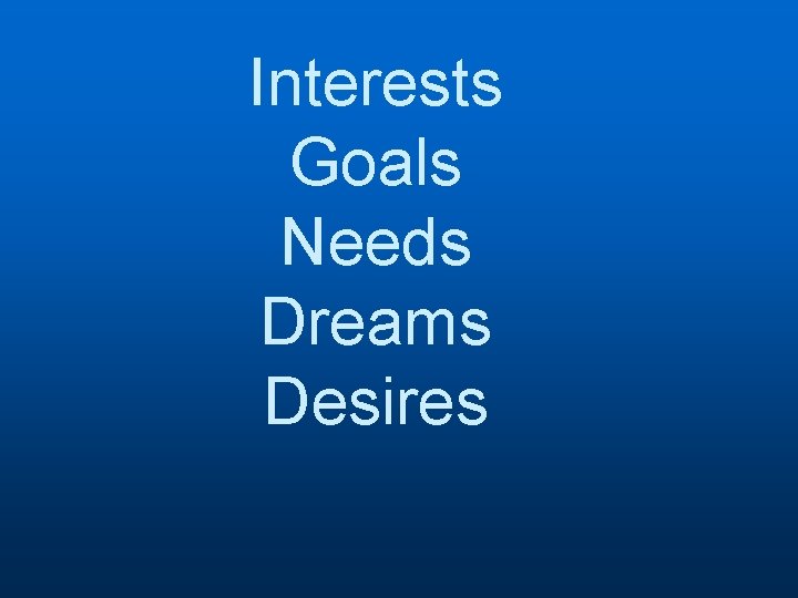 Interests Goals Needs Dreams Desires 