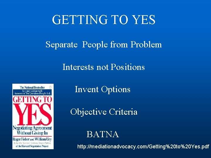 GETTING TO YES Separate People from Problem Interests not Positions Invent Options Objective Criteria