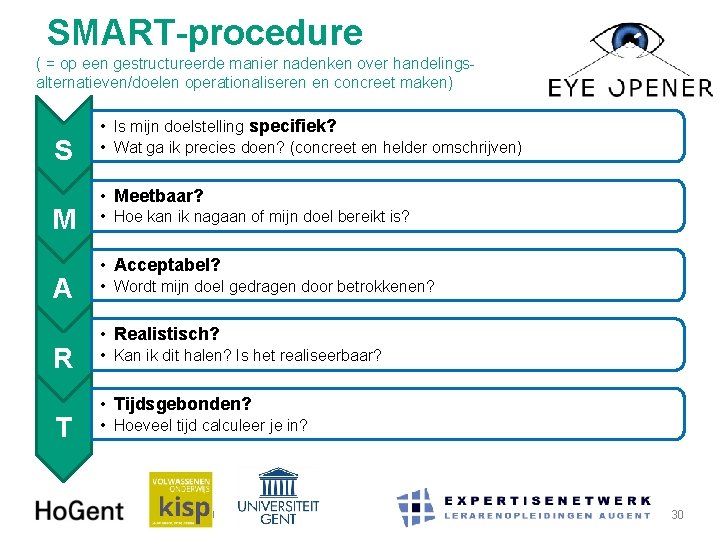 SMART-procedure ( = op een gestructureerde manier nadenken over handelingsalternatieven/doelen operationaliseren en concreet maken)