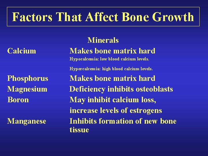 Factors That Affect Bone Growth Calcium Minerals Makes bone matrix hard Hypocalcemia: low blood Factors That Affect Bone Growth Calcium Minerals Makes bone matrix hard Hypocalcemia: low blood