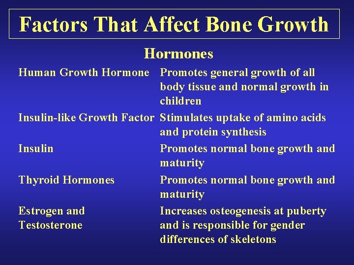 Factors That Affect Bone Growth Hormones Human Growth Hormone Promotes general growth of all Factors That Affect Bone Growth Hormones Human Growth Hormone Promotes general growth of all