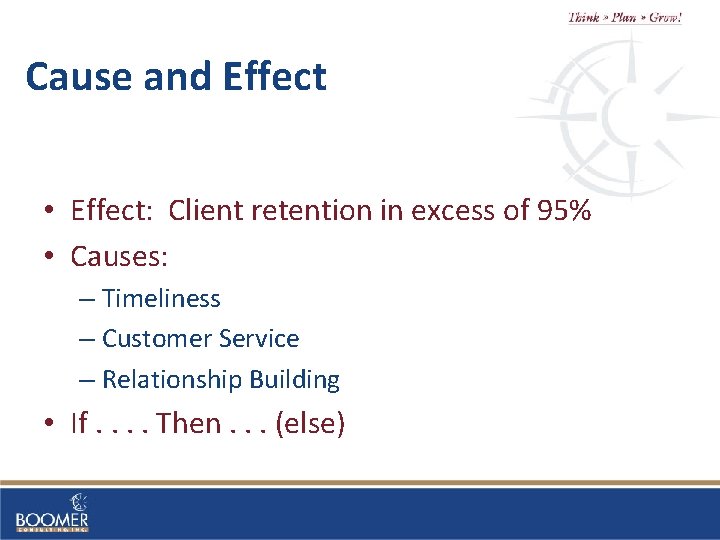 Cause and Effect • Effect: Client retention in excess of 95% • Causes: –